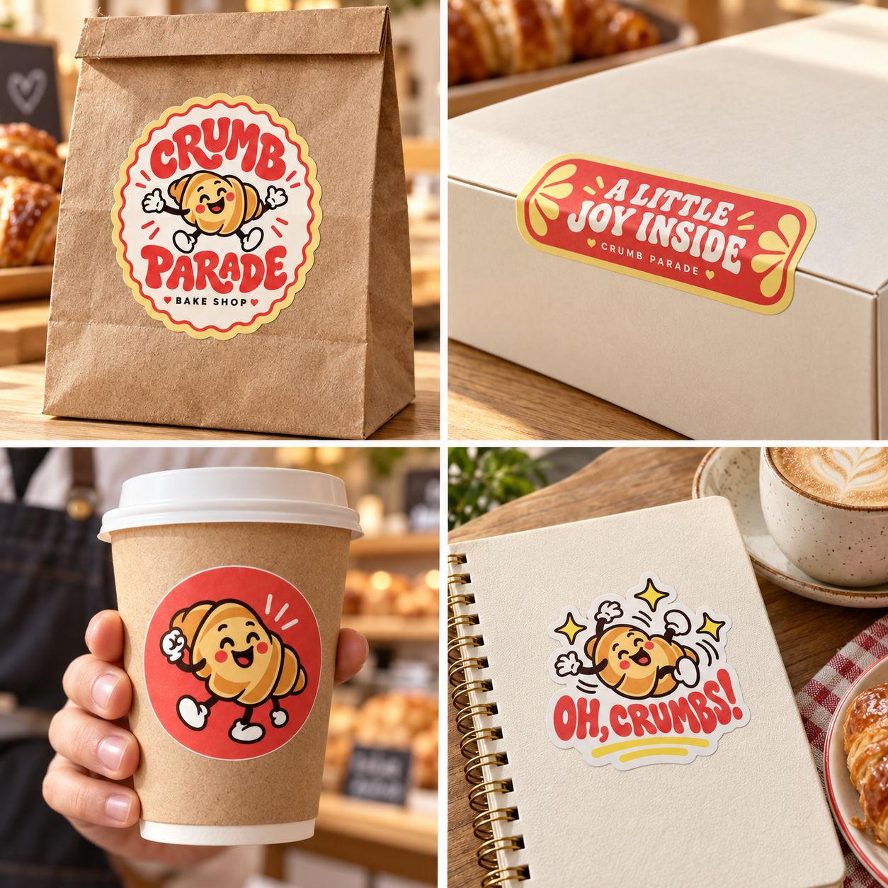 Crumb Parade Bake Shop — Bold playful bakery set on kraft bag, box seal, cup, and notebook — croissant mascot, “A little joy inside,” “Oh, crumbs!”