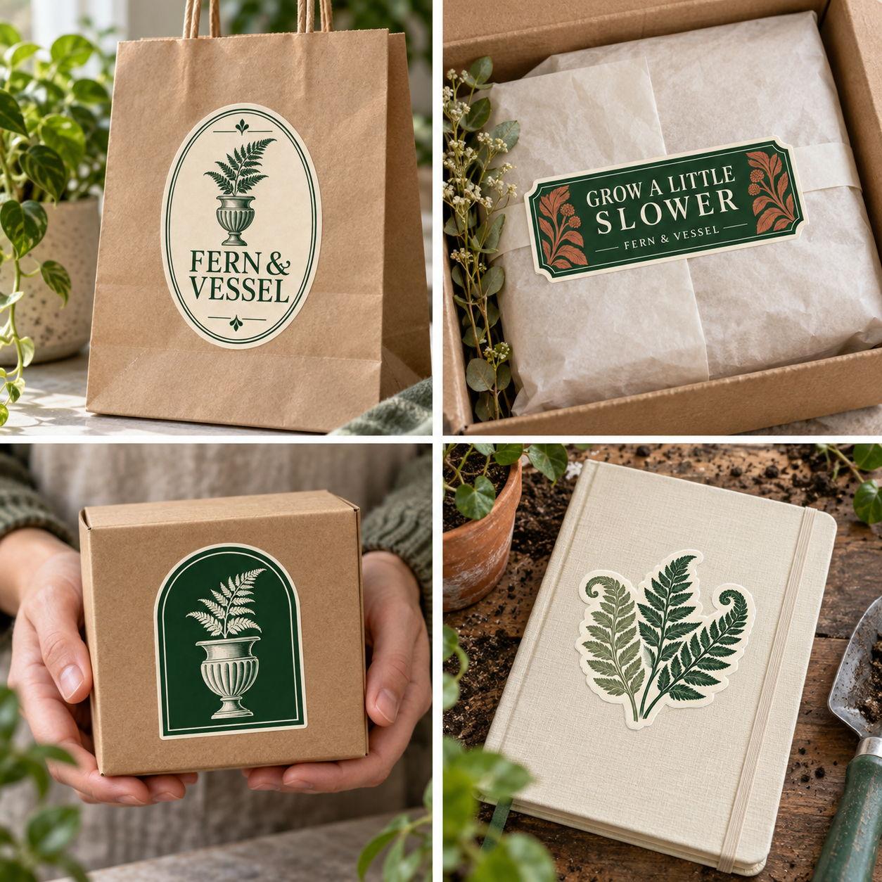 Fern & Vessel — Botanical set on kraft bag, tissue seal, gift box, and journal — urn lockup, “Grow a little slower,” fern die-cut.