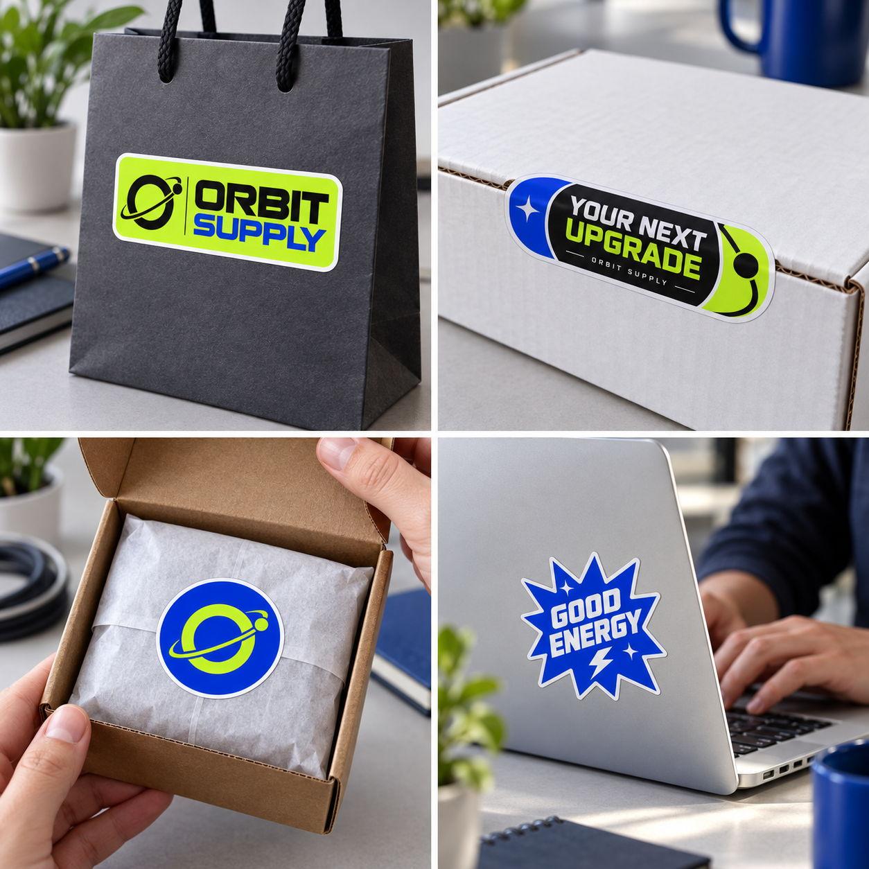 Orbit Supply — Modern tech/merch set on black bag, box seal, tissue seal, and laptop — planet mark, “Your next upgrade,” “Good energy.”